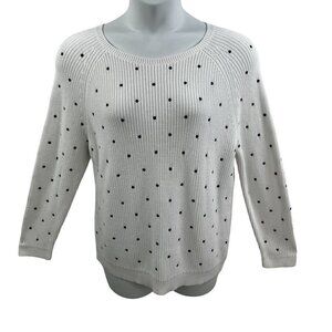 Talbots XL Womens 100% Pima Cotton White Black Polka Dot Ribbed PullOver Sweater